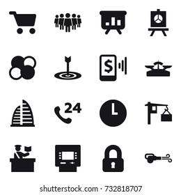 16 vector icon set : cart, team, presentation, atom core, target, mobile pay, scales, skyscraper, inspector, atm, locked, blower