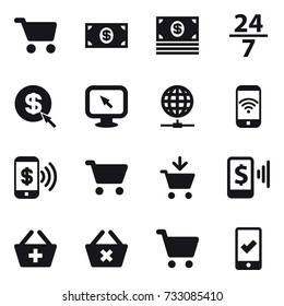 16 vector icon set : cart, money, 24/7, dollar arrow, monitor arrow, globe connect, phone wireless, phone pay, add to cart, mobile pay, add to basket, delete cart, mobile checking