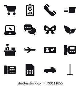 16 vector icon set : cart, report, phone, delivery, notebook, discussion, bow, plane, check in, intercome, pickup, rake