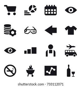 16 vector icon set : cart, diagram, calendar, eye, virtual mining, smart glasses, left arrow, t-shirt, transfer, no smoking, bbq, wine