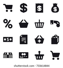16 vector icon set : cart, dollar, receipt, money bag, percent, basket, hand coin, money, account balance, add to basket, shopping bag