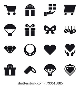 16 vector icon set : cart, gift, delivery, parachute, bow, sale, diamond, necklace, heart pendant