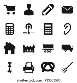 16 vector icon set : cart, man, pencil, mail, calculator, laser, home, gothic architecture, fork