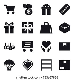 16 vector icon set : cart, money gift, gift, sale, shopping bag, box, delivery, heart pendant, rack, package