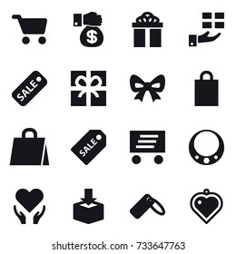 16 vector icon set : cart, money gift, gift, sale, bow, shopping bag, sale label, delivery, necklace, heart pendant