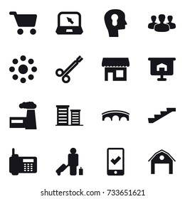 16 vector icon set : cart, notebook, bulb head, group, round around, shop, presentation, factory, district, bridge, stairs, passenger, mobile checking, barn