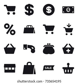 16 vector icon set : cart, dollar, money, percent, shopping bag, add to cart, basket, hand coin, purse, add to basket, market, sale