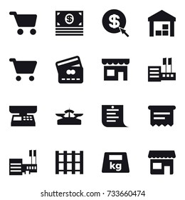 16 vector icon set : cart, money, dollar arrow, warehouse, credit card, shop, store, market scales, scales, shopping list, atm receipt, mall
