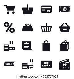 16 vector icon set : cart, basket, card, money, percent, shopping bag, remove from basket, store, shopping list, sale, mall, credit card