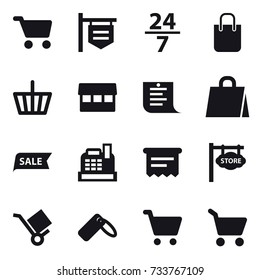 16 vector icon set : cart, shop signboard, 24/7, shopping bag, basket, market, shopping list, sale, cashbox, atm receipt, store signboard