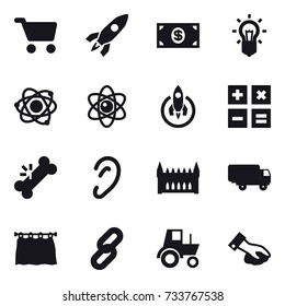16 vector icon set : cart, rocket, money, bulb, atom, calculator, gothic architecture, curtain, tractor, wiping