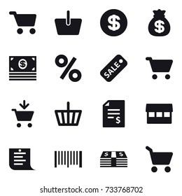 16 vector icon set : cart, basket, dollar, money bag, money, percent, sale, add to cart, account balance, market, shopping list, barcode