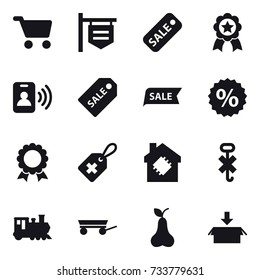16 vector icon set : cart, shop signboard, sale, medal, pass card, sale label, percent, smart house, train, trailer, pear, package