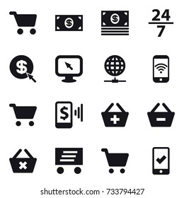 16 vector icon set : cart, money, 24/7, dollar arrow, monitor arrow, globe connect, phone wireless, mobile pay, add to basket, remove from basket, delete cart, delivery, mobile checking