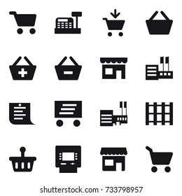 16 vector icon set : cart, cashbox, add to cart, basket, add to basket, remove from basket, shop, store, shopping list, delivery, mall, atm
