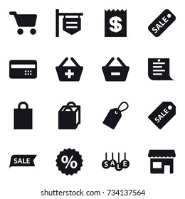 16 vector icon set : cart, shop signboard, receipt, sale, credit card, add to basket, remove from basket, shopping list, shopping bag, label, sale label, percent, shop