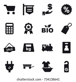 16 vector icon set : cart, shop signboard, investment, percent, calculator, medal, bio, label, sale, train, identity card, trailer, handle washing, do not distrub