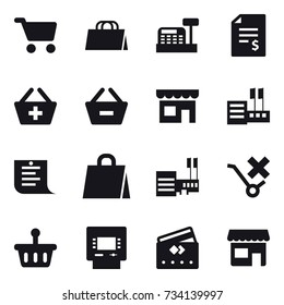 16 vector icon set : cart, shopping bag, cashbox, account balance, add to basket, remove from basket, shop, store, shopping list, mall, atm, credit card