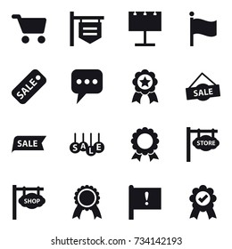 16 vector icon set : cart, shop signboard, billboard, flag, sale, message, medal, store signboard