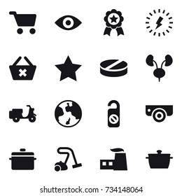 16 vector icon set : cart, eye, medal, lightning, delete cart, star, earth, do not distrub, surveillance camera, pan, vacuum cleaner