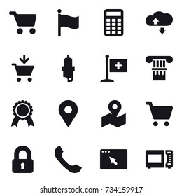 16 vector icon set : cart, flag, calculator, cloude service, add to cart, spark plug, column, medal, locked