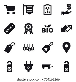 16 vector icon set : cart, shop signboard, report, investment, sale, medal, bio, up down arrow, label, do not distrub, trailer
