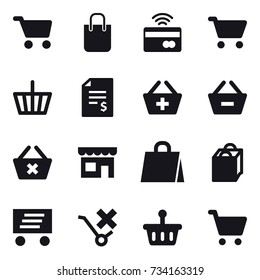 16 vector icon set : cart, shopping bag, tap to pay, basket, account balance, add to basket, remove from basket, delete cart, shop, delivery