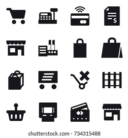16 vector icon set : cart, cashbox, tap to pay, account balance, shop, store, shopping bag, delivery, atm, credit card