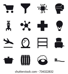 16 vector icon set : cart, funnel, chip, virtual mask, dna modify, air ballon, arrival, mirror, rack, toaster, pan, barrel, soap, tooth brush