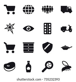 16 vector icon set : cart, globe, team, truck, bang, chest of drawers, pan, viruses, wasp