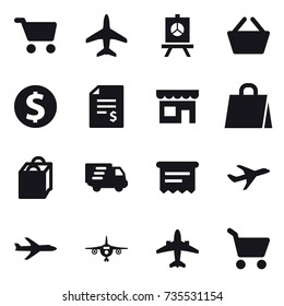 16 vector icon set : cart, plane, presentation, basket, dollar coin, account balance, shop, shopping bag, delivery, atm receipt, airplane