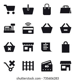16 vector icon set : cart, basket, shopping bag, cashbox, tap to pay, remove from basket, delete cart, shop, shopping list, credit card