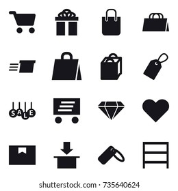 16 vector icon set : cart, gift, shopping bag, delivery, label, sale, diamond, rack