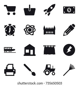 16 vector icon set : cart, basket, rocket, money, alarm clock, atom, gothic architecture, pencil, train, home, curtain, electricity, big spoon, tractor, rake