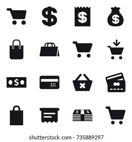 16 vector icon set : cart, dollar, receipt, money bag, shopping bag, add to cart, money, credit card, delete cart, atm receipt
