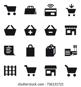 16 vector icon set : cart, shopping bag, tap to pay, add to cart, basket, add to basket, remove from basket, shop, shopping list, mall