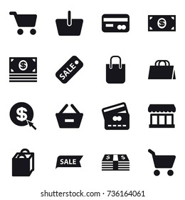 16 vector icon set : cart, basket, card, money, sale, shopping bag, dollar arrow, remove from basket, credit card, market