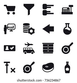 16 vector icon set : cart, funnel, diagram, cashbox, presentation, virtual mining, left arrow, check in, transfer, chest of drawers, pan