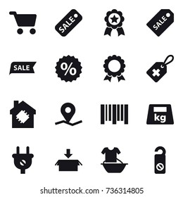 16 vector icon set : cart, sale, medal, sale label, percent, smart house, package, handle washing, do not distrub