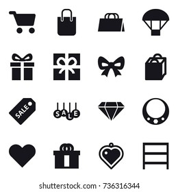 16 vector icon set : cart, shopping bag, parachute, gift, bow, sale label, sale, diamond, necklace, heart pendant, rack