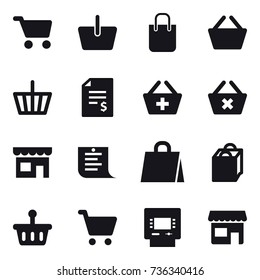 16 vector icon set : cart, basket, shopping bag, account balance, add to basket, delete cart, shop, shopping list, atm