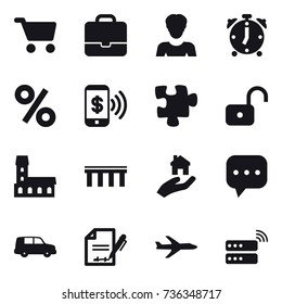 16 vector icon set : cart, portfolio, woman, alarm clock, percent, phone pay, puzzle, unlock, mansion, bridge, real estate, plane