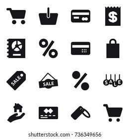 16 vector icon set : cart, basket, card, receipt, annual report, percent, credit card, shopping bag, sale label, sale, real estate