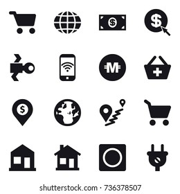 16 vector icon set : cart, globe, money, dollar arrow, satellite, phone wireless, crypto currency, add to basket, dollar pin, home, ring button