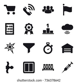 16 vector icon set : cart, call, group, flag, abacus, medal, pedestal, cloud wireless, bang, funnel, stopwatch, garage, power switch, syringe
