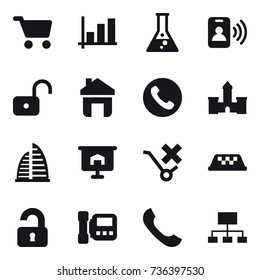 16 vector icon set : cart, graph, flask, pass card, unlock, home, phone, castle, skyscraper, presentation, taxi, unlocked, intercome, hierarchy