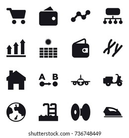 16 vector icon set : cart, wallet, graph, structure, graph up, sun power, home, earth, pool, iron