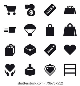 16 vector icon set : cart, money gift, sale, shopping bag, delivery, parachute, box, sale label, heart pendant, rack