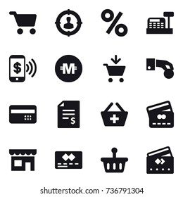 16 vector icon set : cart, target audience, percent, cashbox, phone pay, crypto currency, add to cart, hand coin, credit card, account balance, add to basket, shop