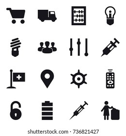 16 vector icon set : cart, truck, abacus, bulb, group, equalizer, handwheel, remote control, syringe, garbage bin
